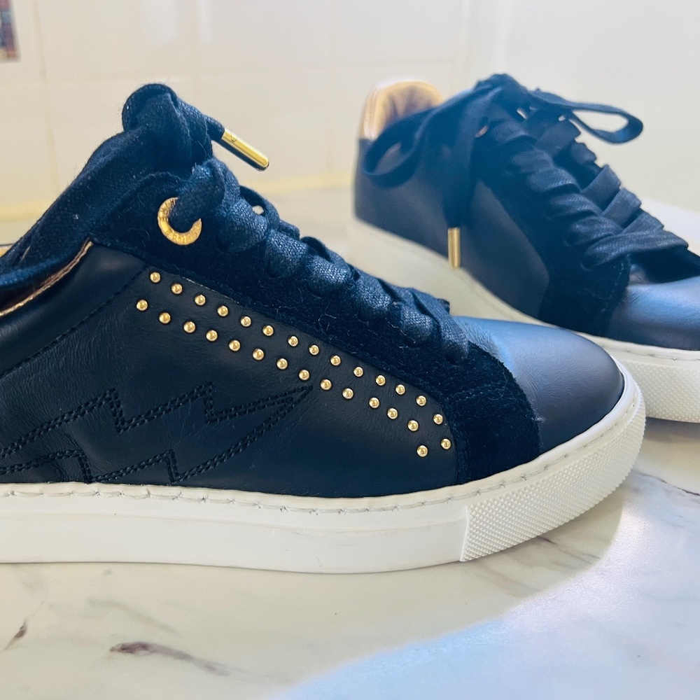 Zadig & Voltaire Leather Black & Gold Studded Sneakers Size 5.5 (ZV1747)